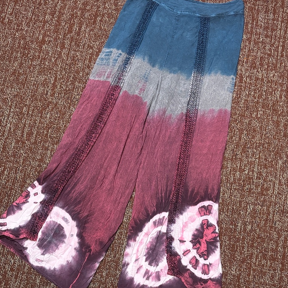 L.S.I. Tie dye boho slit front baggy hippie pant crepe loose fit relaxed cropped